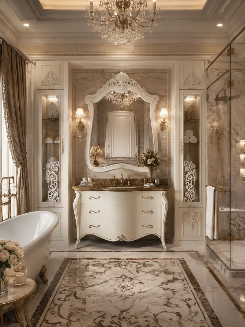Classic bathroom with carved ivory vanity, ornate mirror, freestanding bathtub and marble floor inlay