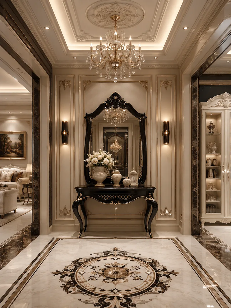 Classic entrance hall with inlaid marble medallion floor, carved black console and crystal chandelier