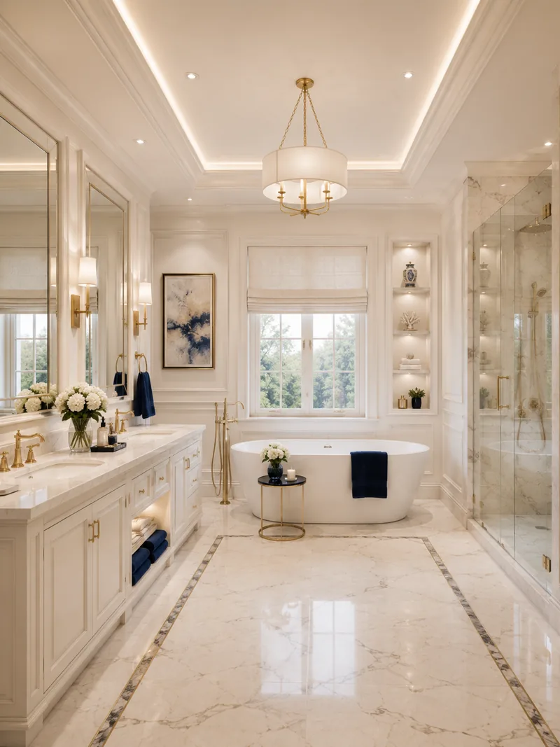 Classic bathroom with ivory vanity, freestanding bathtub, glass shower and marble floor border