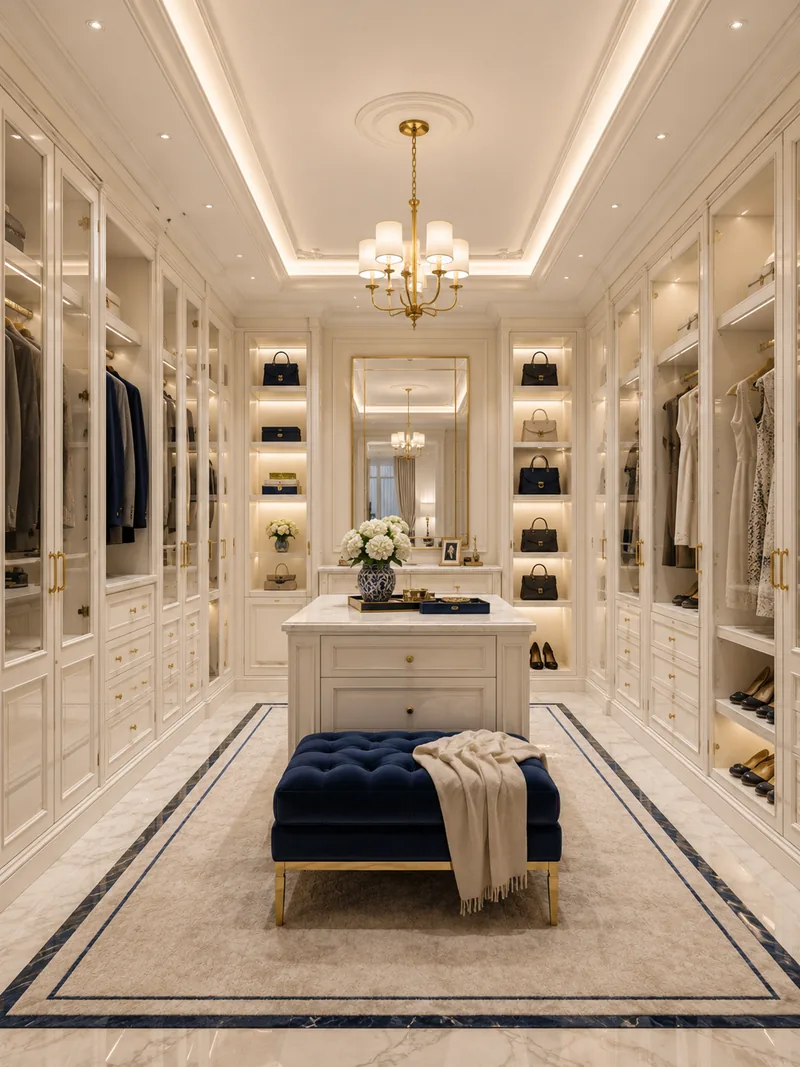 Ivory dressing room with lit wardrobes, central island and a navy tufted ottoman