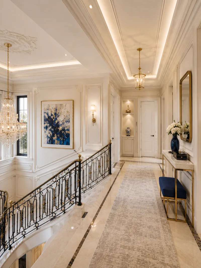 Upper hallway with wrought-iron balustrade, crystal pendant, runner rug and blue artwork