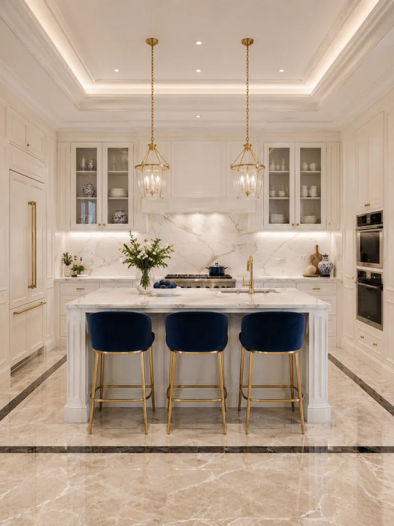 Classic kitchen with white marble island, navy velvet bar stools and glass-front wall cabinets