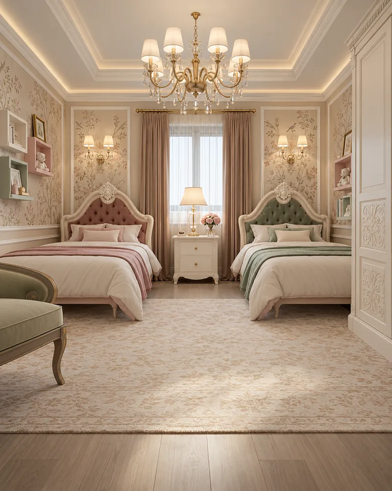 Children's bedroom with twin tufted beds in blush and sage, chinoiserie wall panels and a crystal chandelier