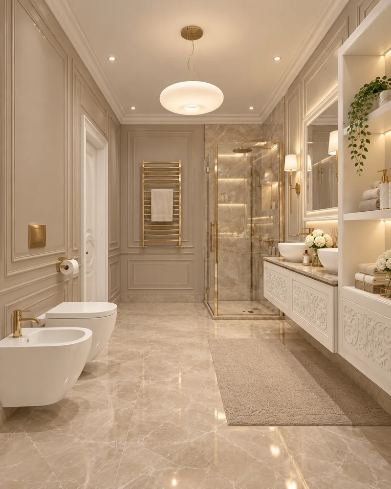 En-suite bathroom with beige marble floor, taupe panelled walls, brass towel rail, glass shower and carved double vanity