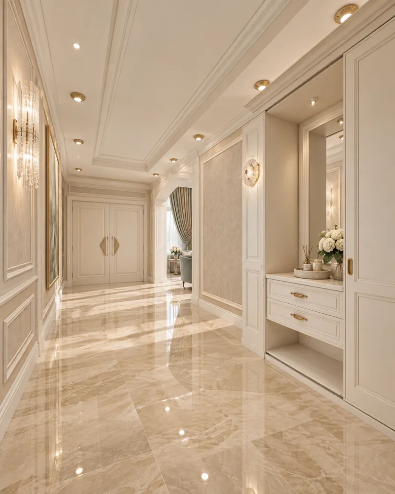 Entrance hall with built-in ivory cabinetry, mirrored niche with drawers, crystal sconces and a double panelled door