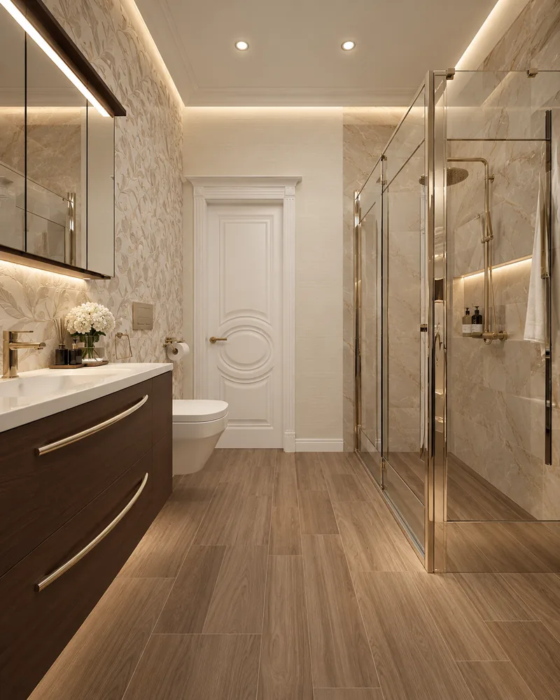 Ground-floor bathroom with wood-look floor tiles, walnut floating vanity, backlit mirror and frameless glass shower