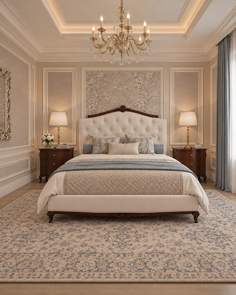 Guest bedroom with tufted ivory headboard, walnut nightstands, blossom wallpaper panel and blue-patterned rug