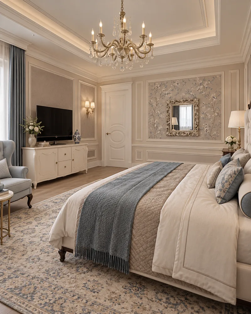 Guest bedroom seen diagonally, with grey-blue throw, ivory TV cabinet, gilt mirror on blossom panel and wall sconces
