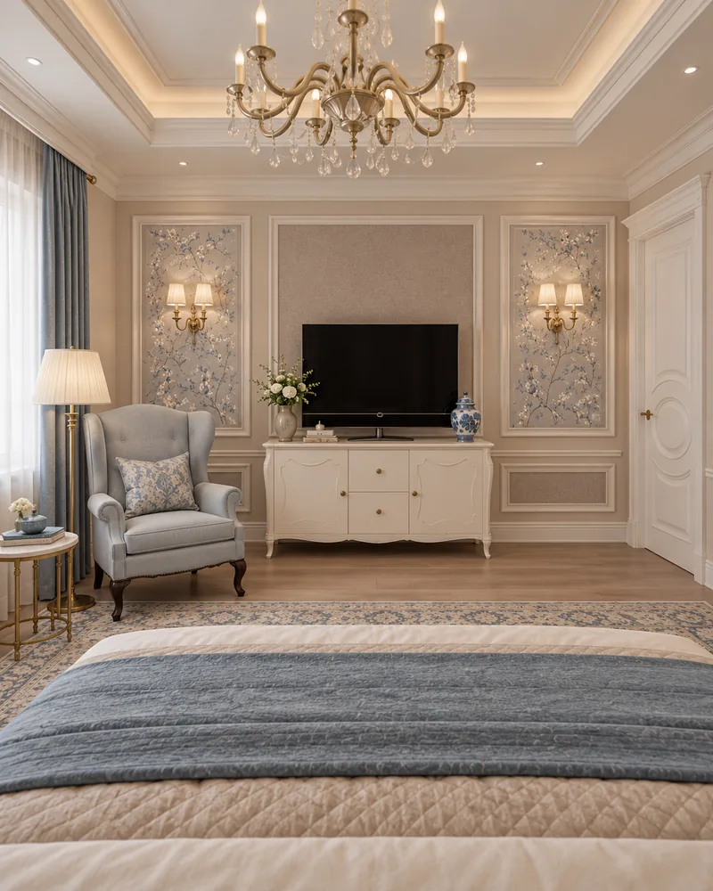 Guest bedroom TV wall with ivory carved cabinet, grey-blue wingback chair, blossom wall panels and crystal chandelier