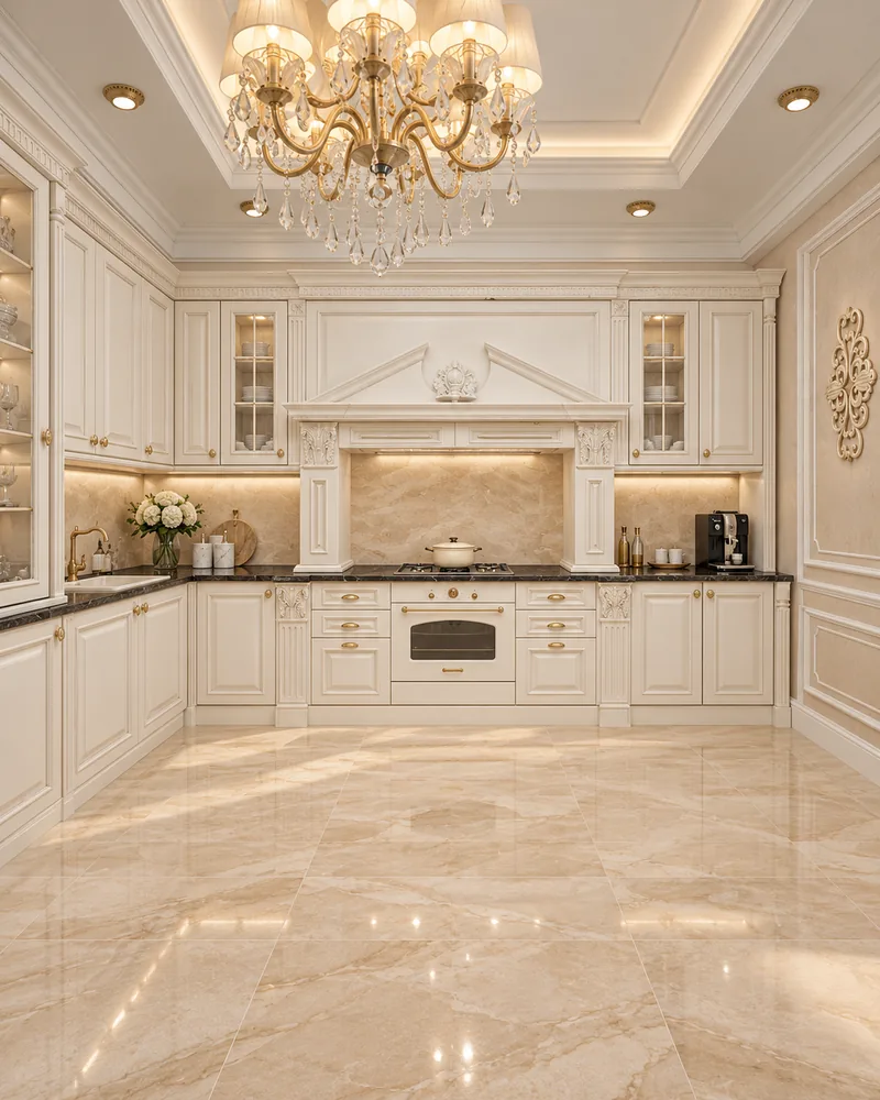 Kitchen with ivory classic cabinetry, carved hood surround, dark stone worktops, beige marble splashback and range cooker