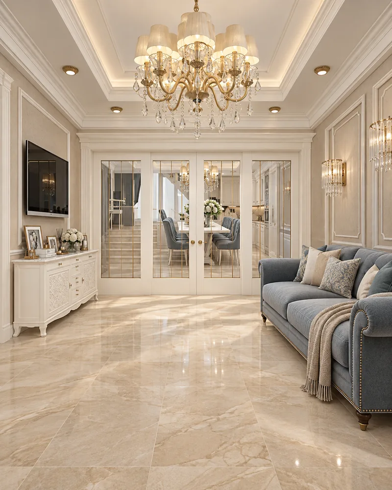 Kitchen sitting area with blue-grey sofa, carved ivory TV sideboard, crystal sconces and glazed doors to the dining table