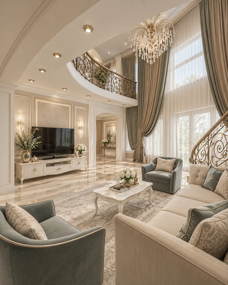 Living room with ivory TV console, curved gallery balcony, full-height sage curtains and a cascading crystal chandelier