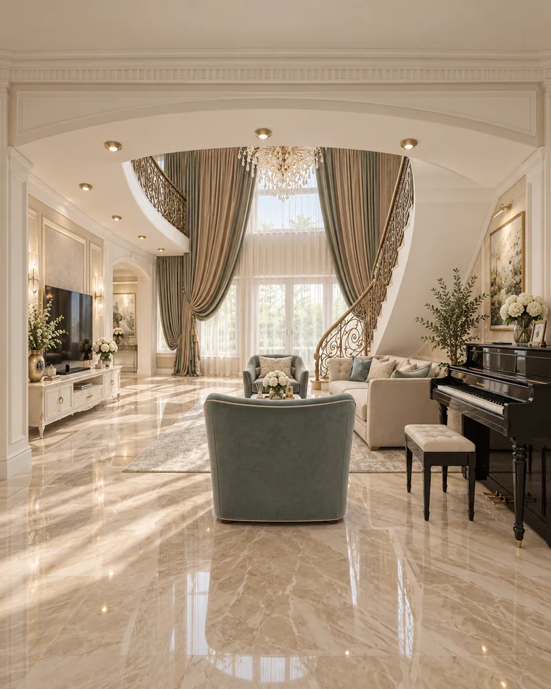 Living room facing double-height windows with sage drapes, curved stairs, black piano, sage armchairs and cream sofa