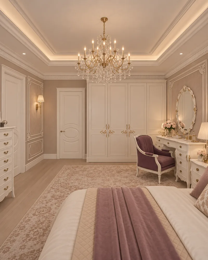 Master bedroom view to the white built-in wardrobe with gilt handles, dressing table, mauve chair and cove-lit ceiling
