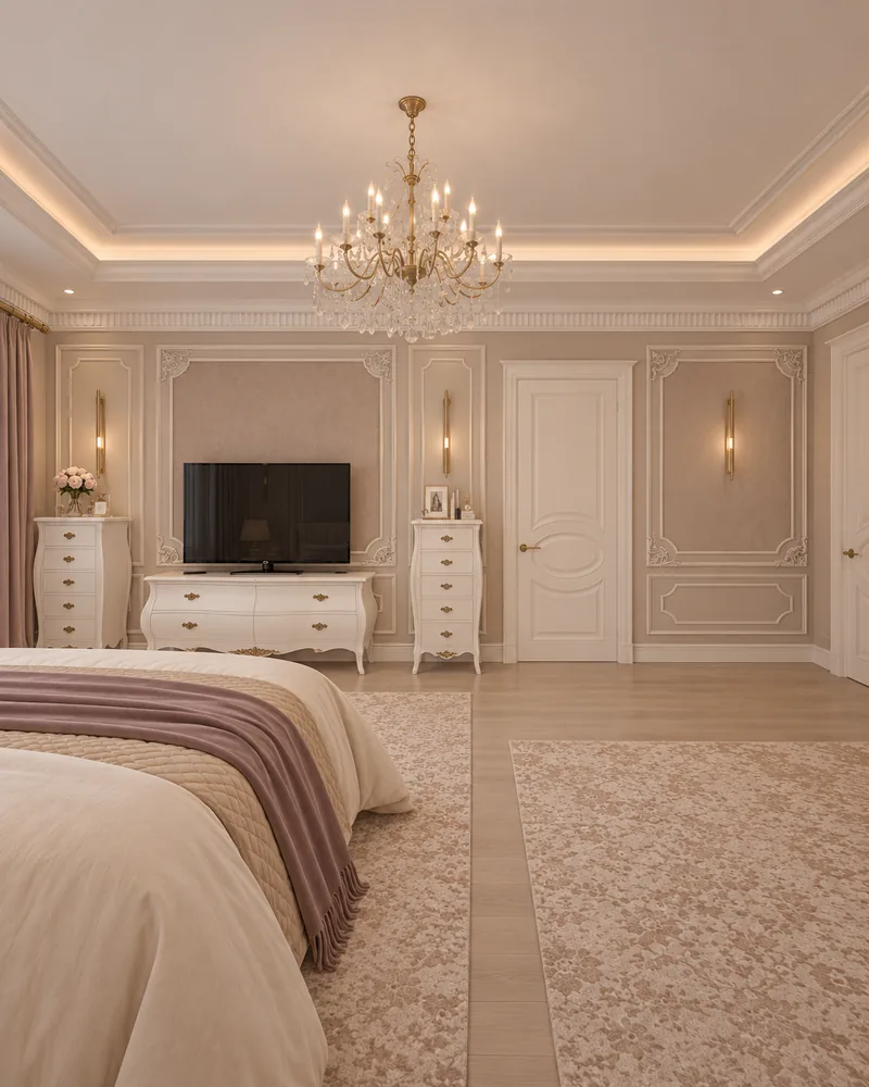 Master bedroom TV wall with white bombe dresser, two tall chests, taupe moulded panels and slim brass sconces