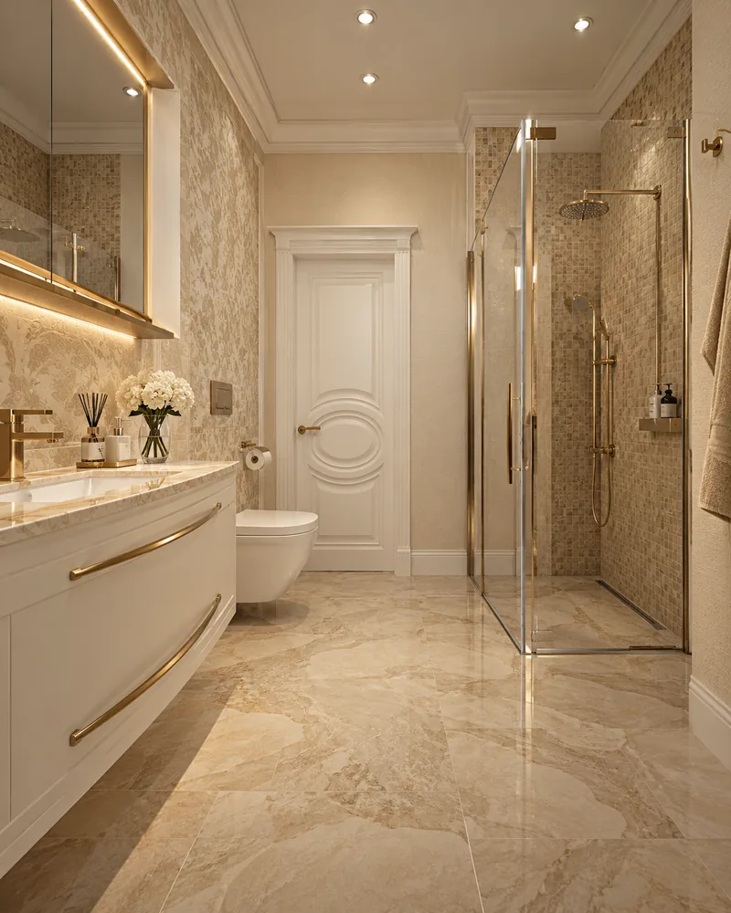 Bathroom with beige marble floor, damask wall tiles, white curved vanity with brass handles and a glass walk-in shower
