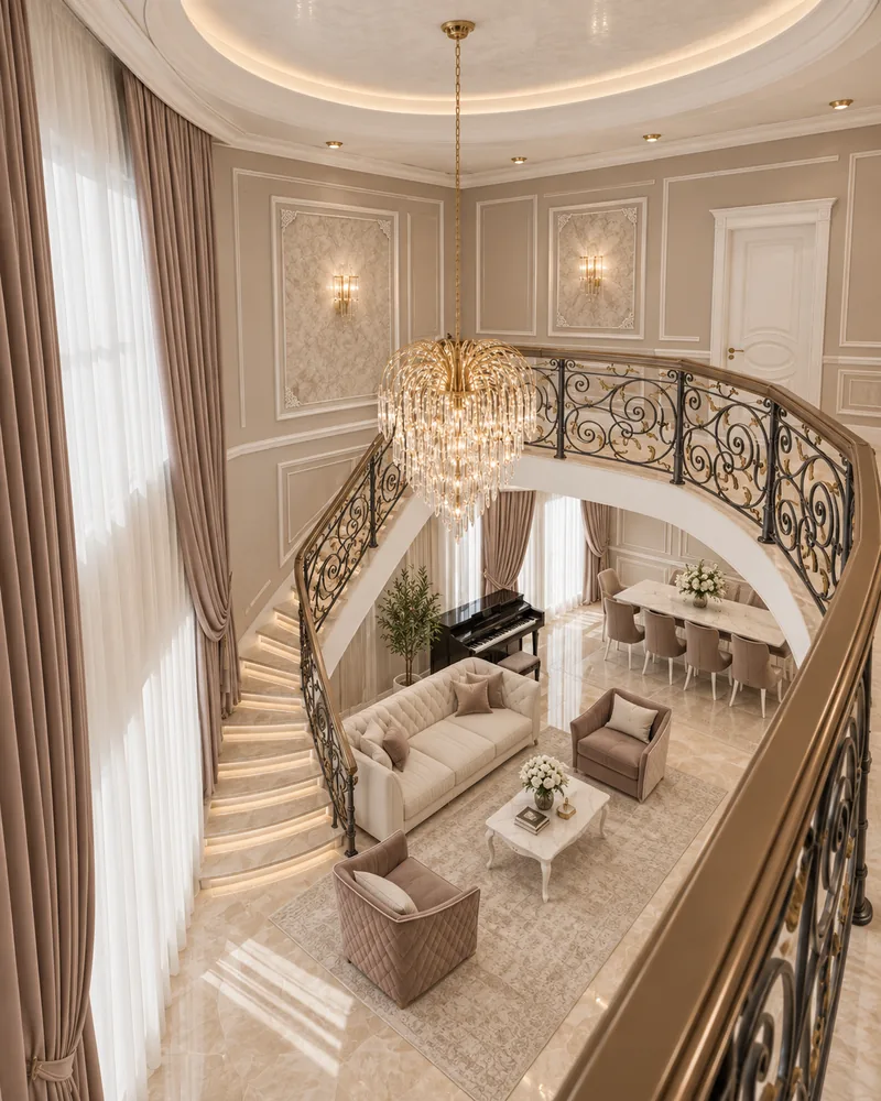 Upper gallery overlooking the double-height living room, curved staircase, crystal chandelier, piano and dining table