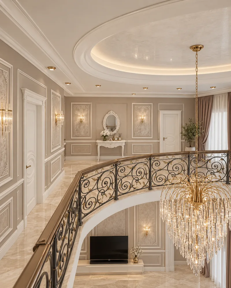 Upper hall around the stair void, with curved wrought-iron railing, cascading crystal chandelier and oval ceiling cove
