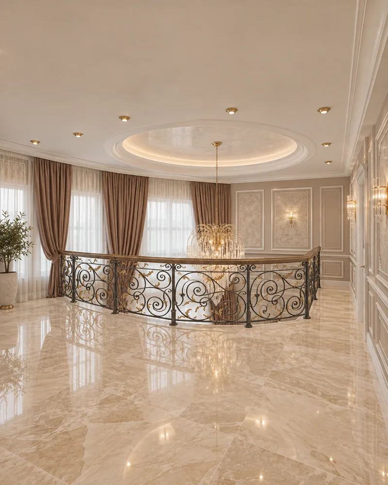 Upper hall with oval cove-lit ceiling, wrought-iron balustrade with gold leaves and polished beige marble floor