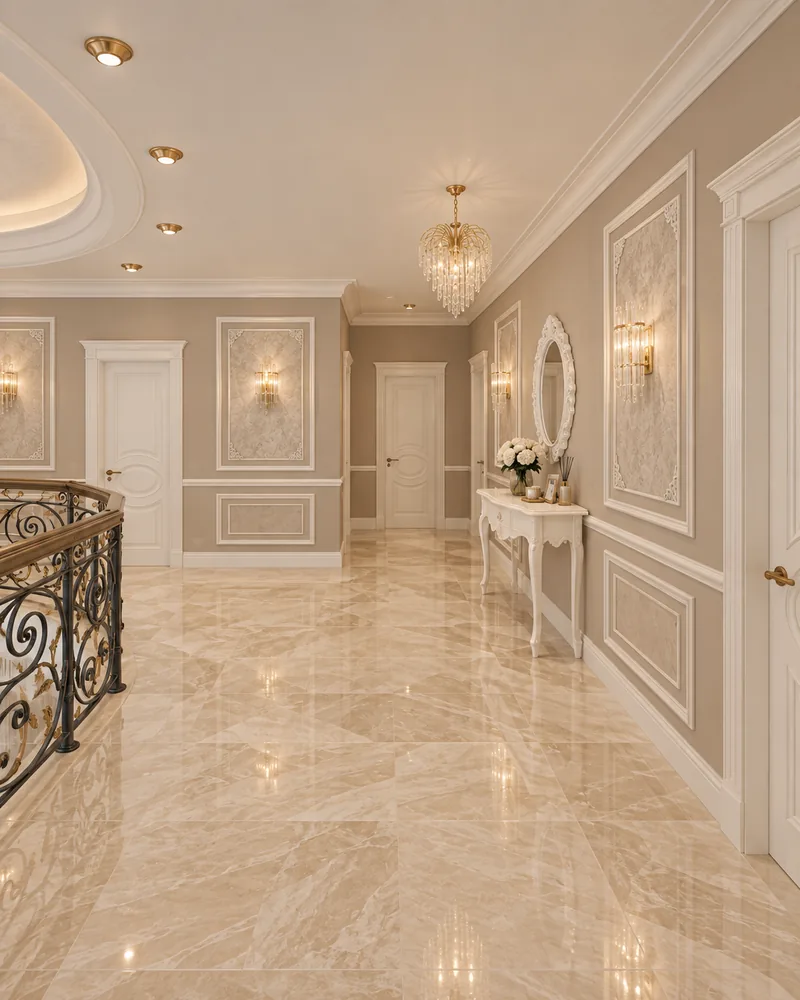 Upper hall corridor with taupe panelled walls, crystal sconces, white console with oval mirror and marble floor