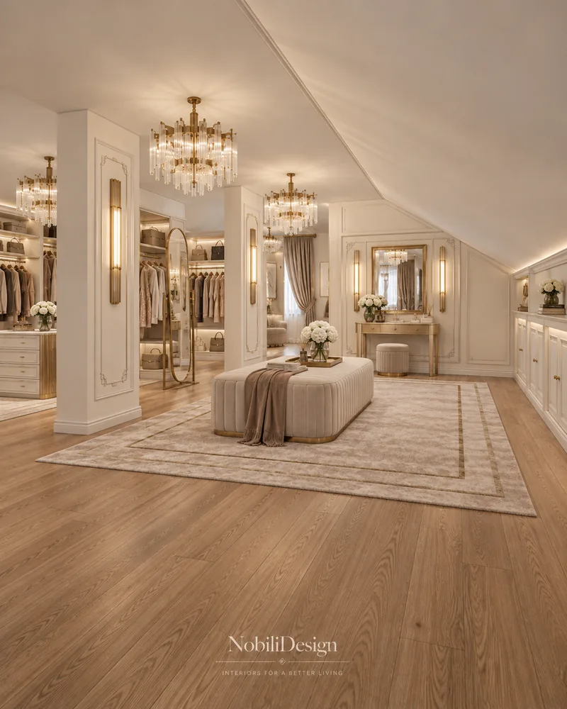 Attic dressing room with central tufted ottoman, vanity with gold mirror, open wardrobes and chandeliers