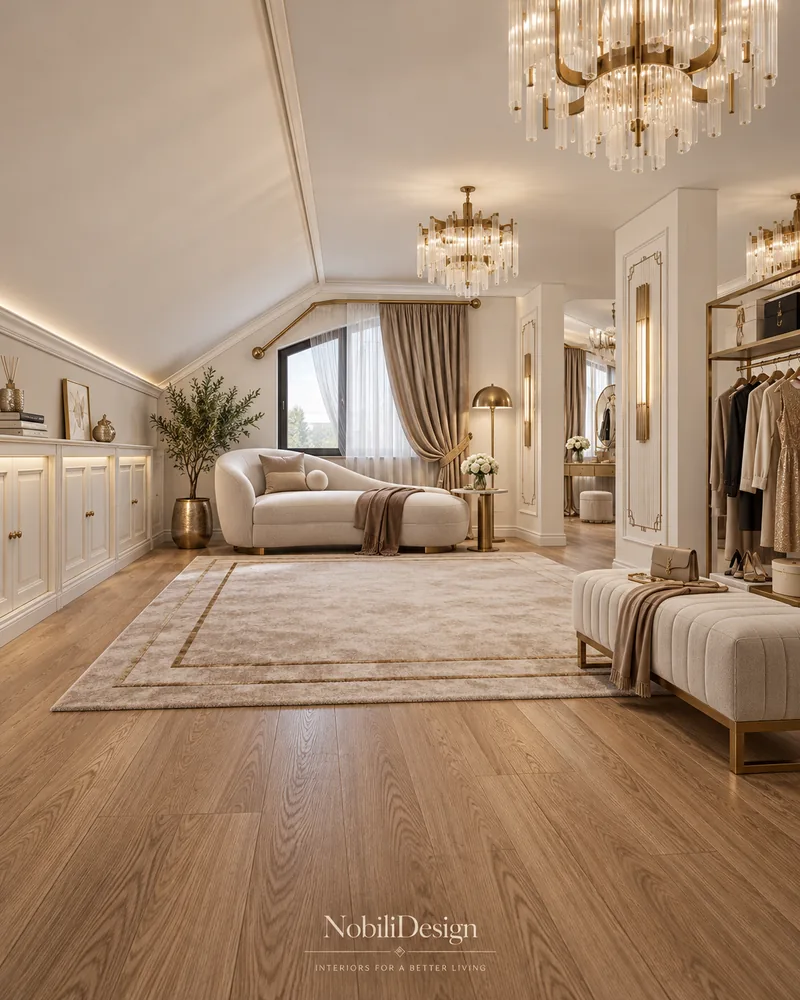 Attic dressing lounge with boucle chaise by the window, built-in ivory cabinets under the eaves and oak floor