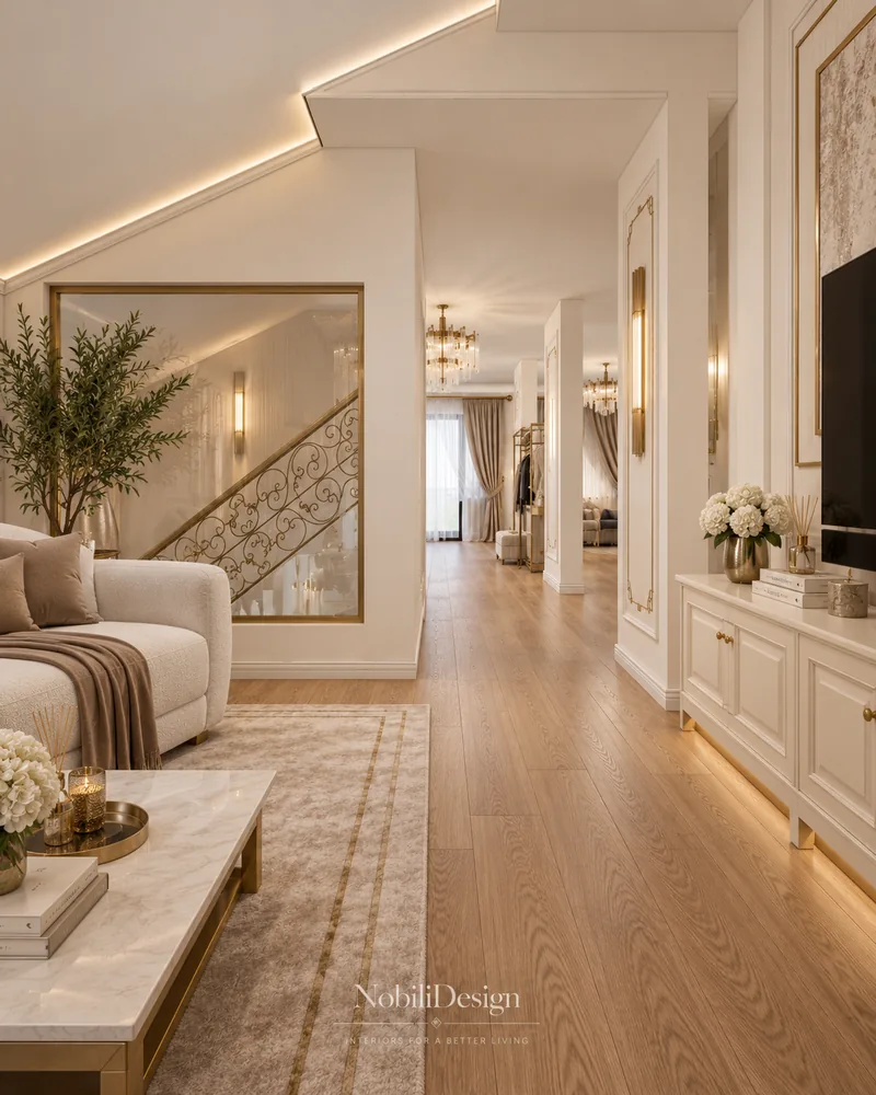 Attic lounge with boucle sofa, marble coffee table, panelled TV console and glazed view over the stair