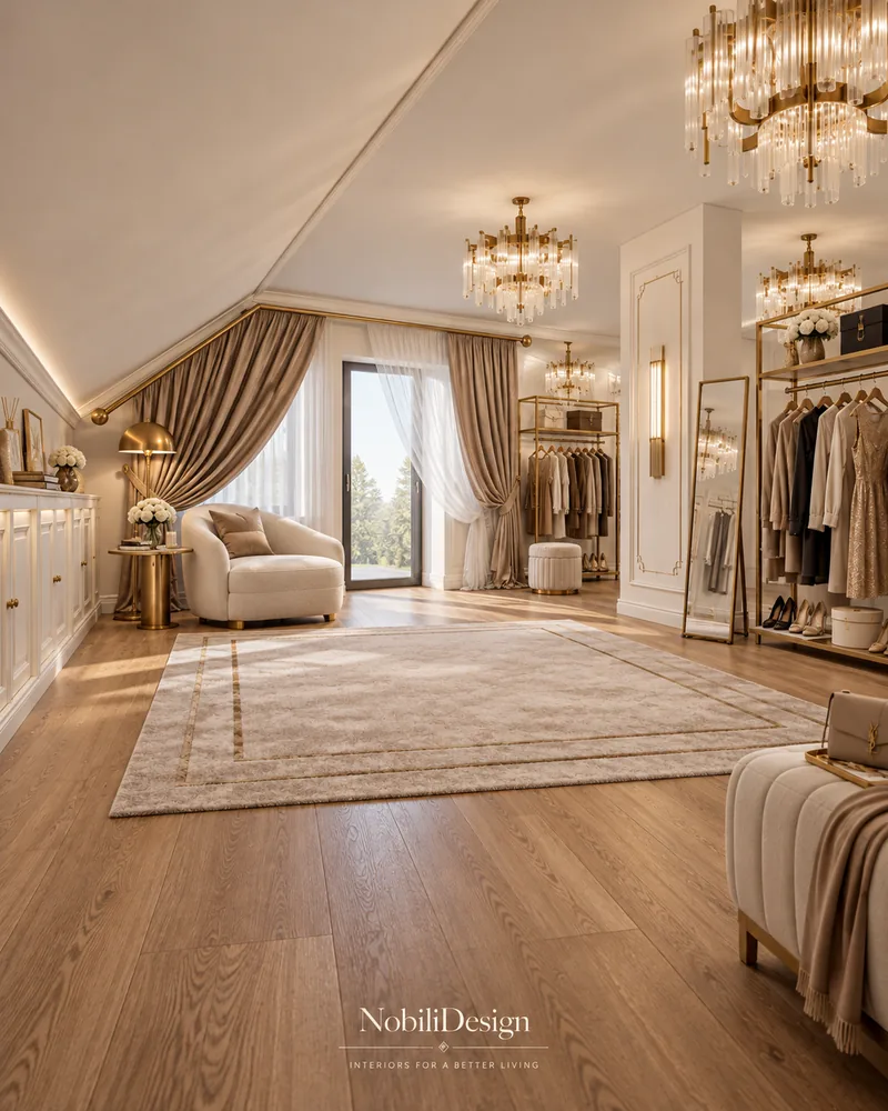 Attic dressing room with curved armchair by a glazed door, floor mirror, brass rails and sloped ceiling