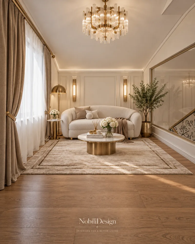 Attic lounge with curved boucle sofa, round marble and brass coffee table, brass floor lamp and chandelier