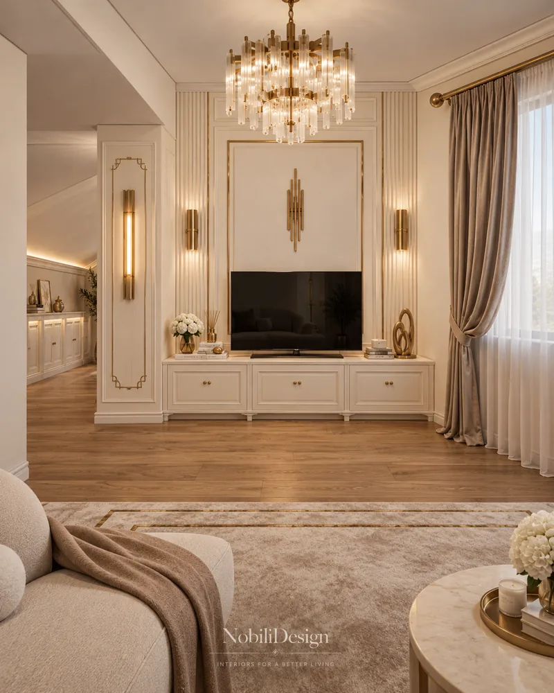 Attic lounge TV wall with ivory panelled unit, fluted wall panels, brass sconces and crystal chandelier