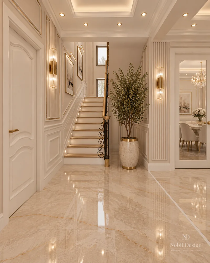 Entrance hall with oak staircase, wrought iron and brass railing, panelled walls and olive tree planter