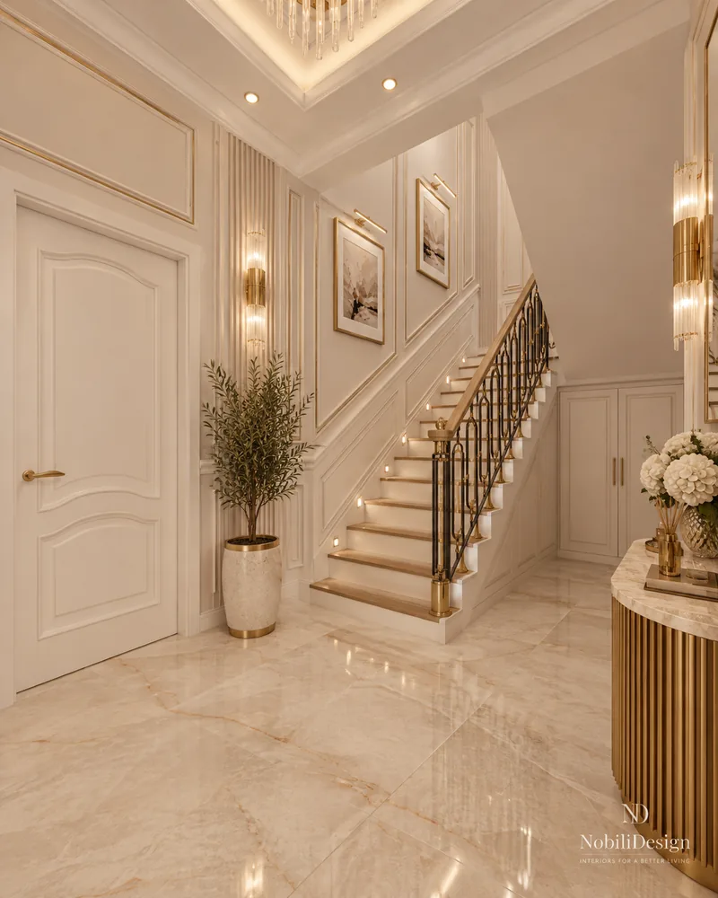 Staircase with oak treads, step lights, wrought iron balustrade with brass rail and panelled walls