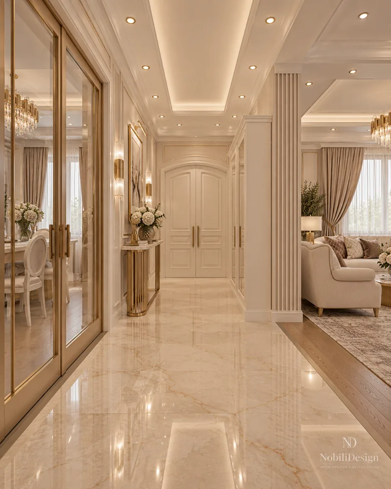 Entrance hallway with gold-framed glass doors, arched panelled double door, brass console and marble floor
