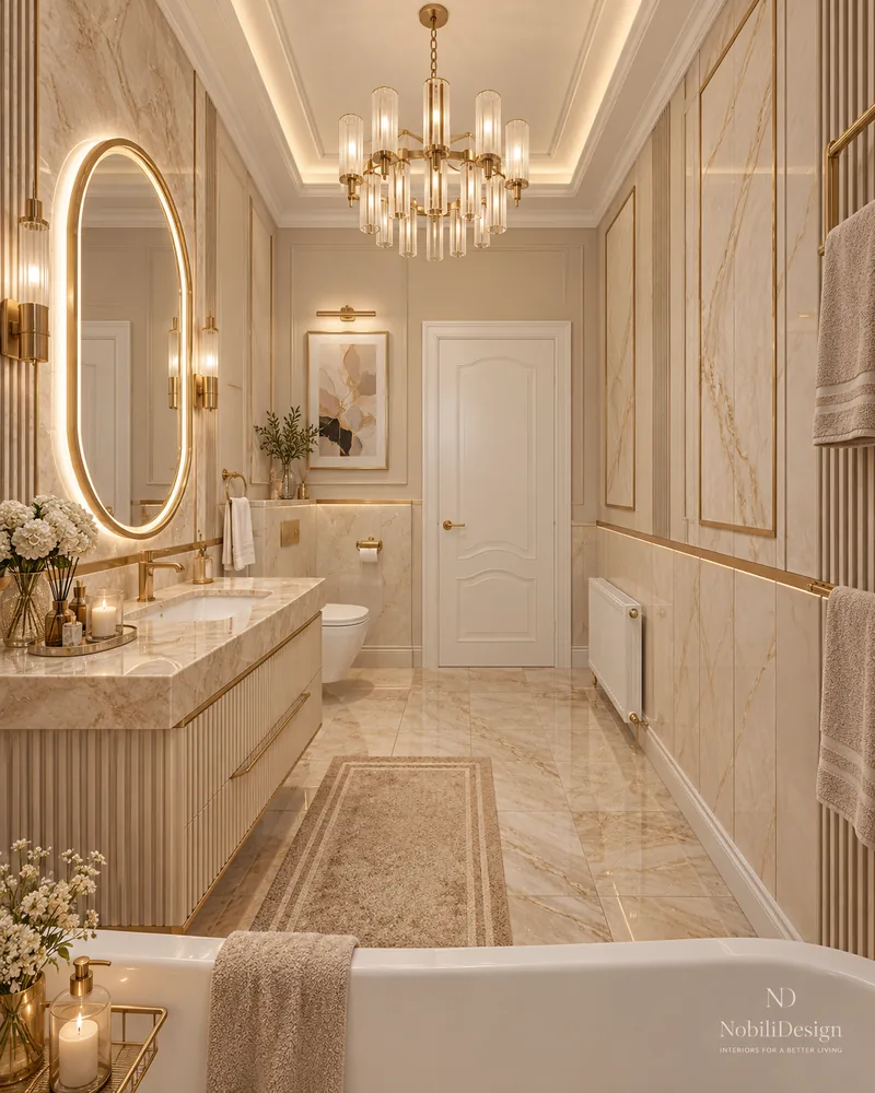 Ground-floor bathroom with marble-top fluted vanity, oval backlit mirror, wall-hung WC and crystal chandelier