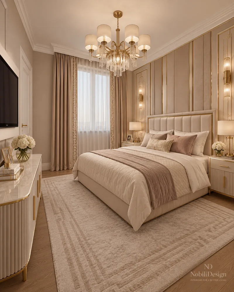 Ground-floor bedroom with upholstered panel wall, glass wall lights, shaded chandelier and fluted dresser