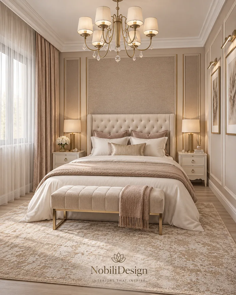 Guest bedroom with ivory tufted headboard, textured wall panel, shaded chandelier and velvet bench