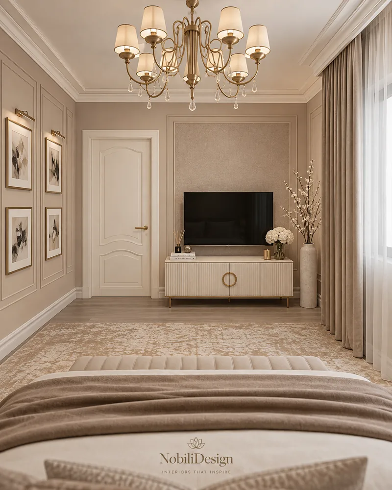 Guest bedroom TV wall with fluted ivory console, gold ring handles, wall mouldings and picture-lit prints