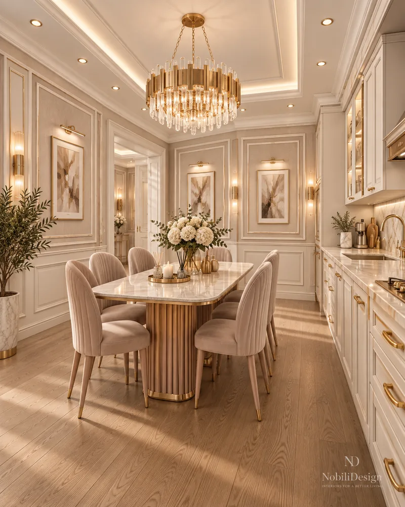 Dining area with blush channel-back chairs, marble-top pedestal table, framed art and brass sconces