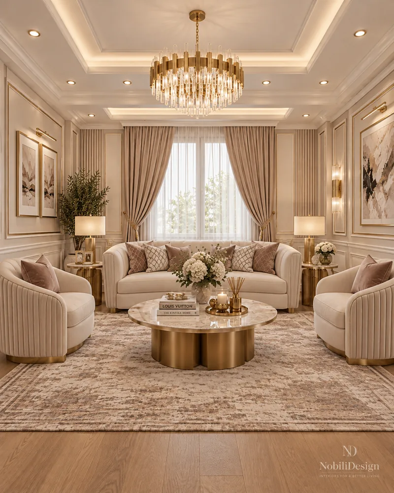 Living room with curved sofa, round coffee table on scalloped gold base, armchairs and panelled walls
