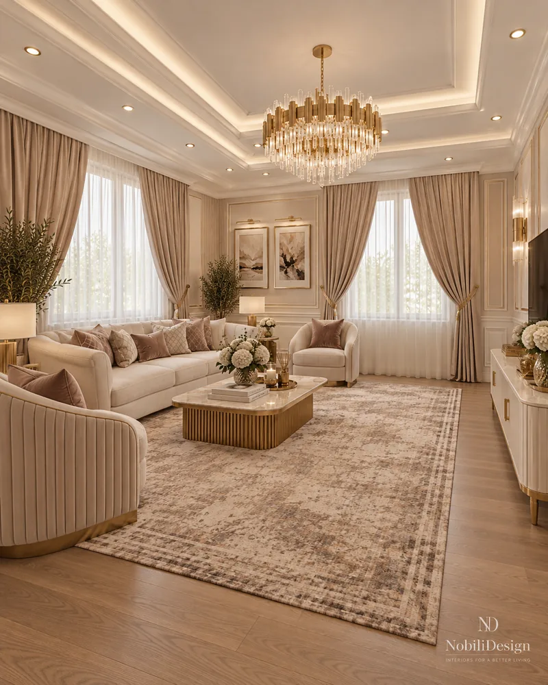 Living room with long cream sofa, rectangular table on fluted gold base, two curtained windows and art