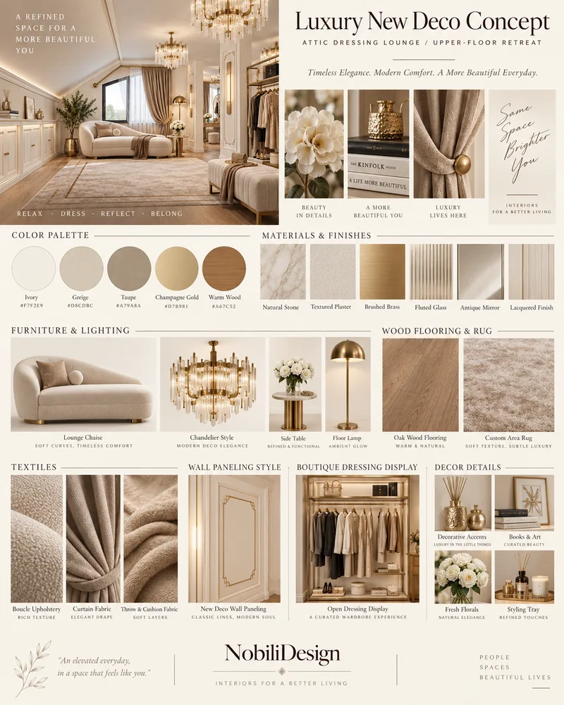 Attic dressing lounge concept board with oak, plaster, brass, fluted glass and boucle fabric samples