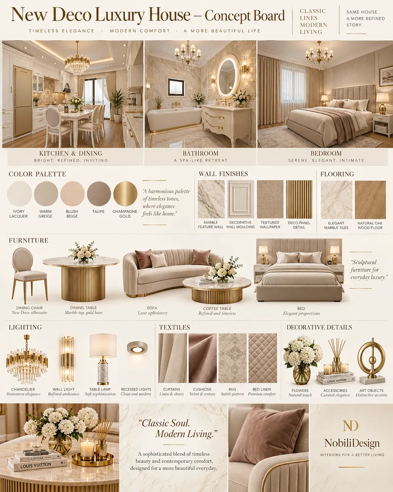 House concept board with kitchen, bathroom and bedroom references, blush and gold palette and furniture