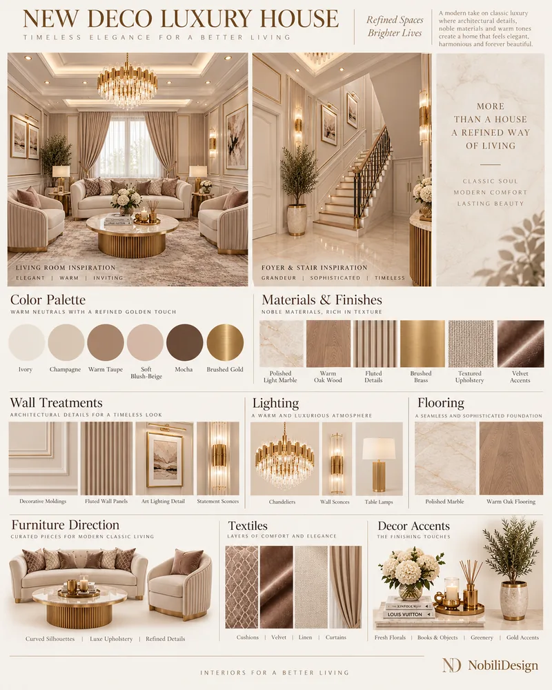 Living room and foyer concept board with ivory, mocha and gold palette, marble and oak samples