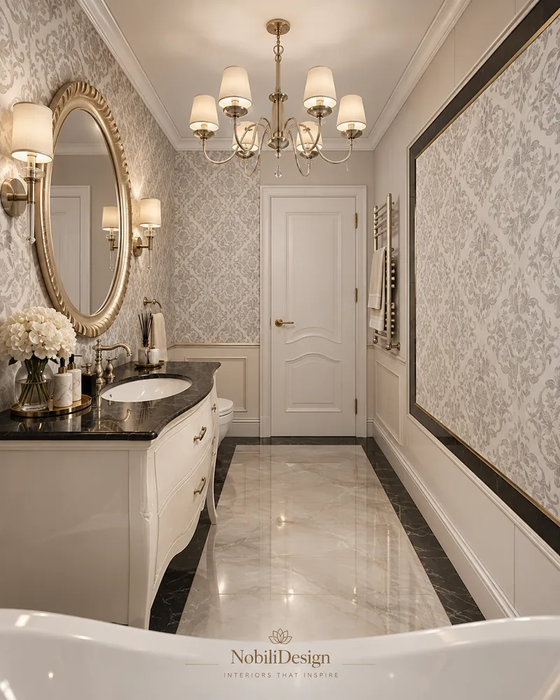 Bathroom with damask wall panels, ivory curved vanity with black marble top, oval gold mirror and chandelier