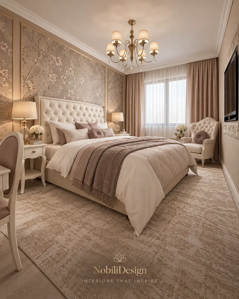 Bedroom with blossom-pattern wall panels, ivory tufted headboard, tufted armchair by the window and TV