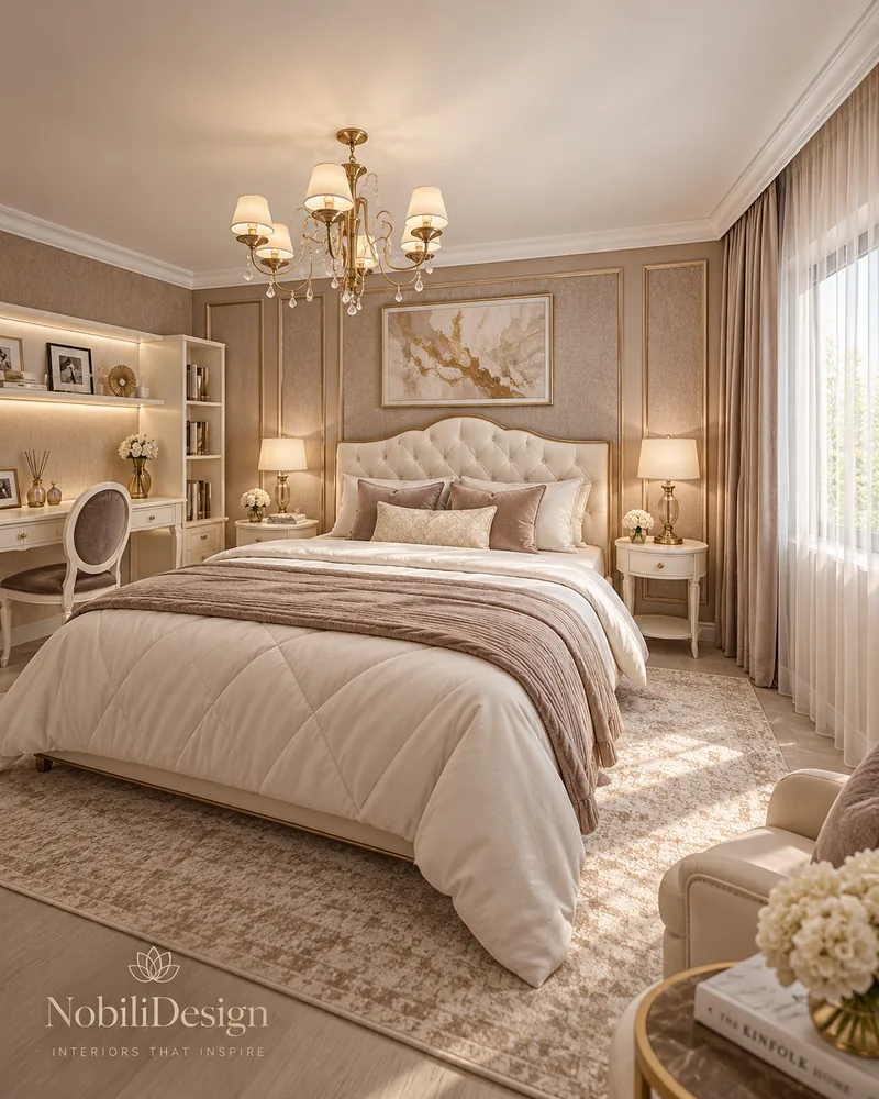 Bedroom with tufted headboard, lit shelving above a writing desk, medallion chair and shaded chandelier