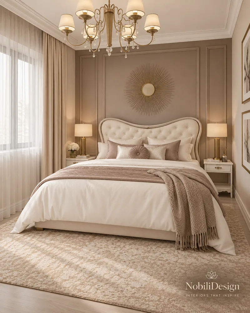 Bedroom with curved tufted headboard, gold sunburst mirror on a taupe panel, brass lamps and patterned rug