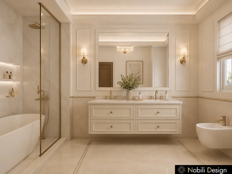 Classic bathroom with floating ivory vanity, freestanding bathtub, glass shower and brass sconces
