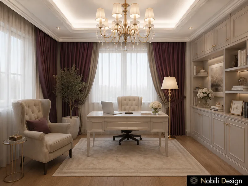 Classic home office with ivory desk, wingback armchair, bookcase wall and burgundy curtains