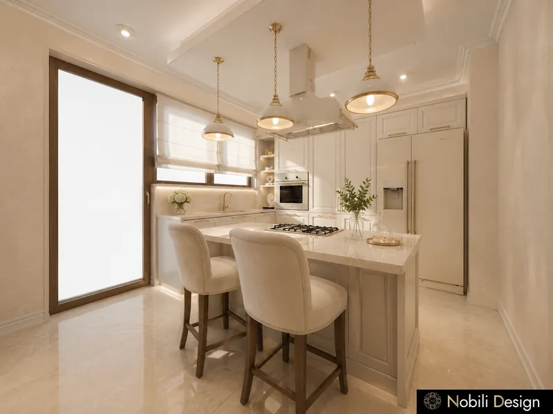 Classic kitchen island with cream upholstered bar chairs, marble top and panelled ivory units